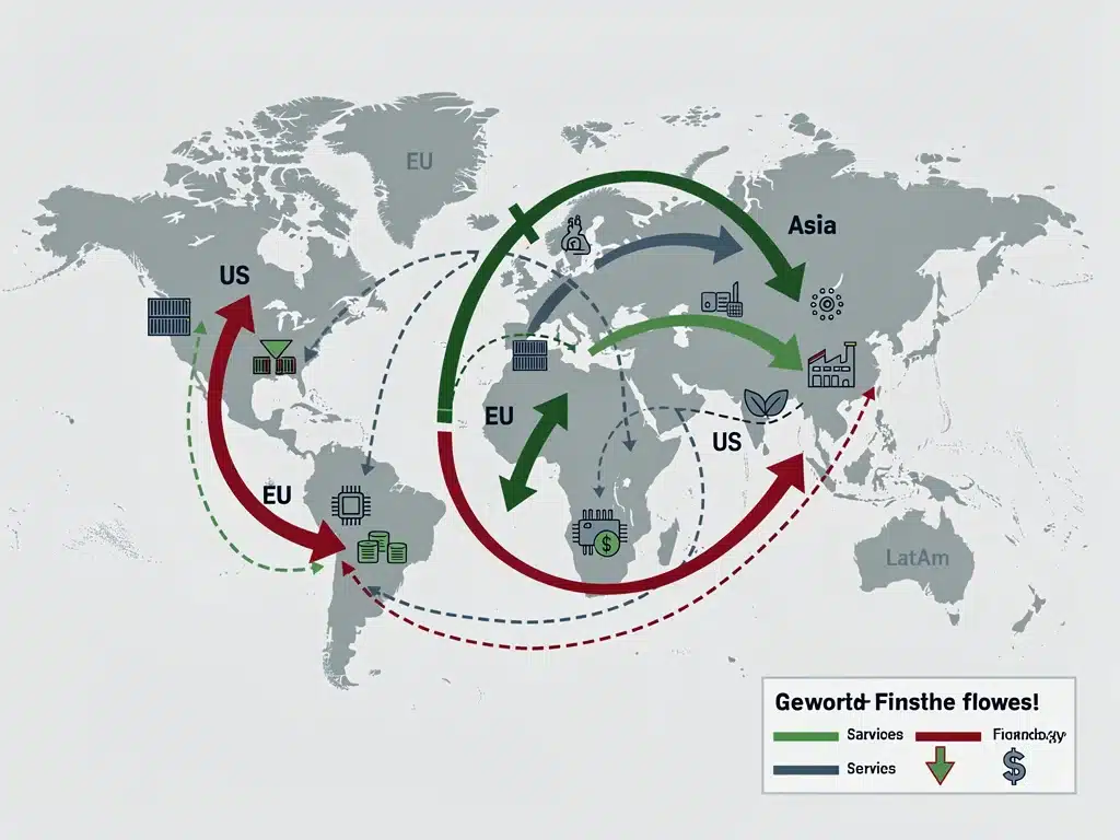 Graphic illustrating US import and export flows on a world map, showing impacts of new agreements