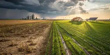 2026 Agricultural Outlook: Climate Change & US Food Production Vast agricultural fields under a dramatic sky, symbolizing the challenges of climate change on US food production.