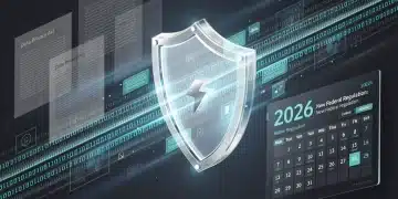 New Data Privacy Laws 2026: Federal Regulations Guide Digital data flow with legal documents and 2026 calendar, representing new data privacy laws and federal regulations.