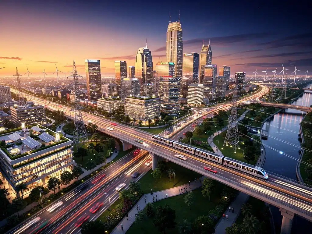 Modern city skyline with advanced infrastructure networks at dusk