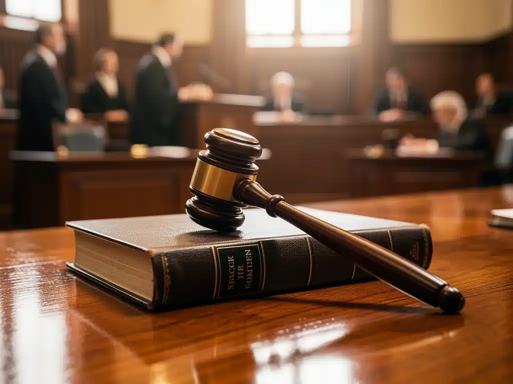 Gavel on law book in courtroom, signifying legal decisions