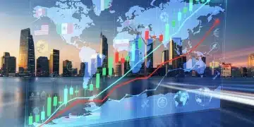 Stock market graph with geopolitical symbols reflecting early 2026 volatility