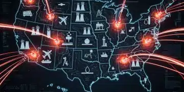 Digital map of US showing critical infrastructure under cyber attack threat, representing a 20% rise.